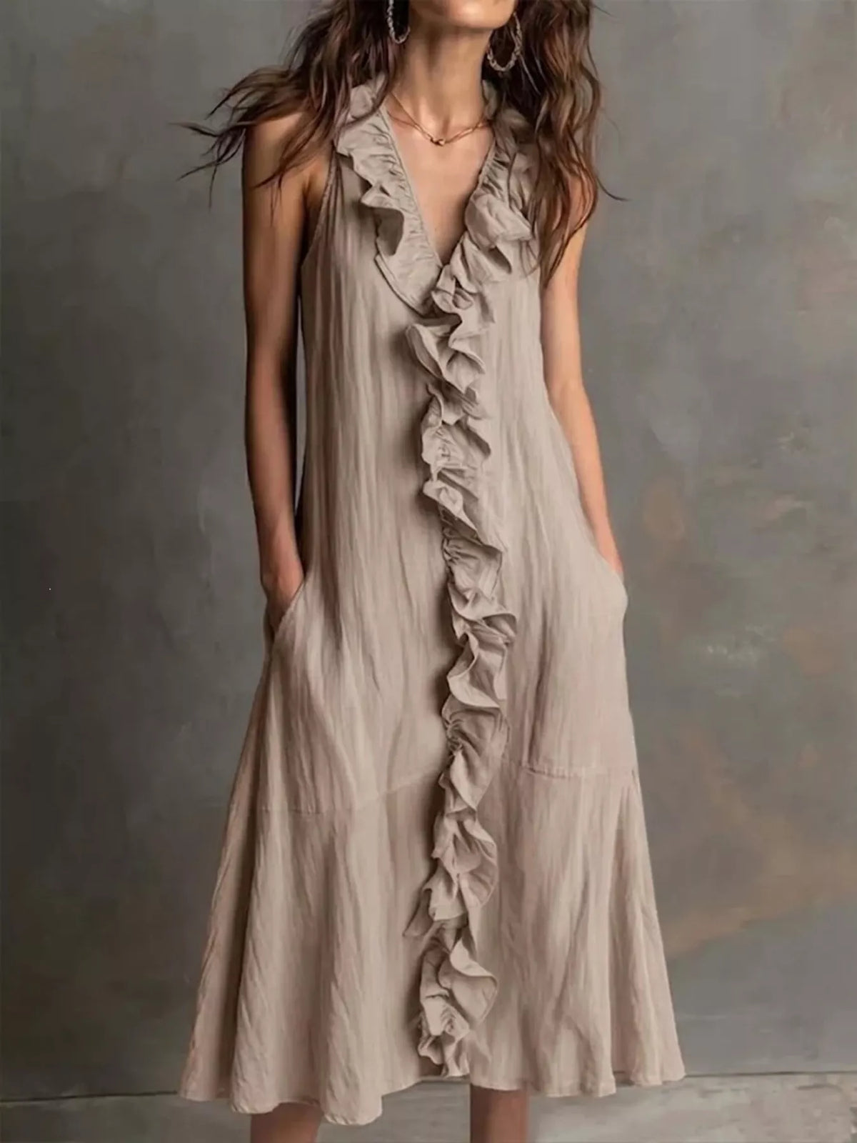 Sleeveless Ruffle Trim V-Neck Midi Dress in Khaki