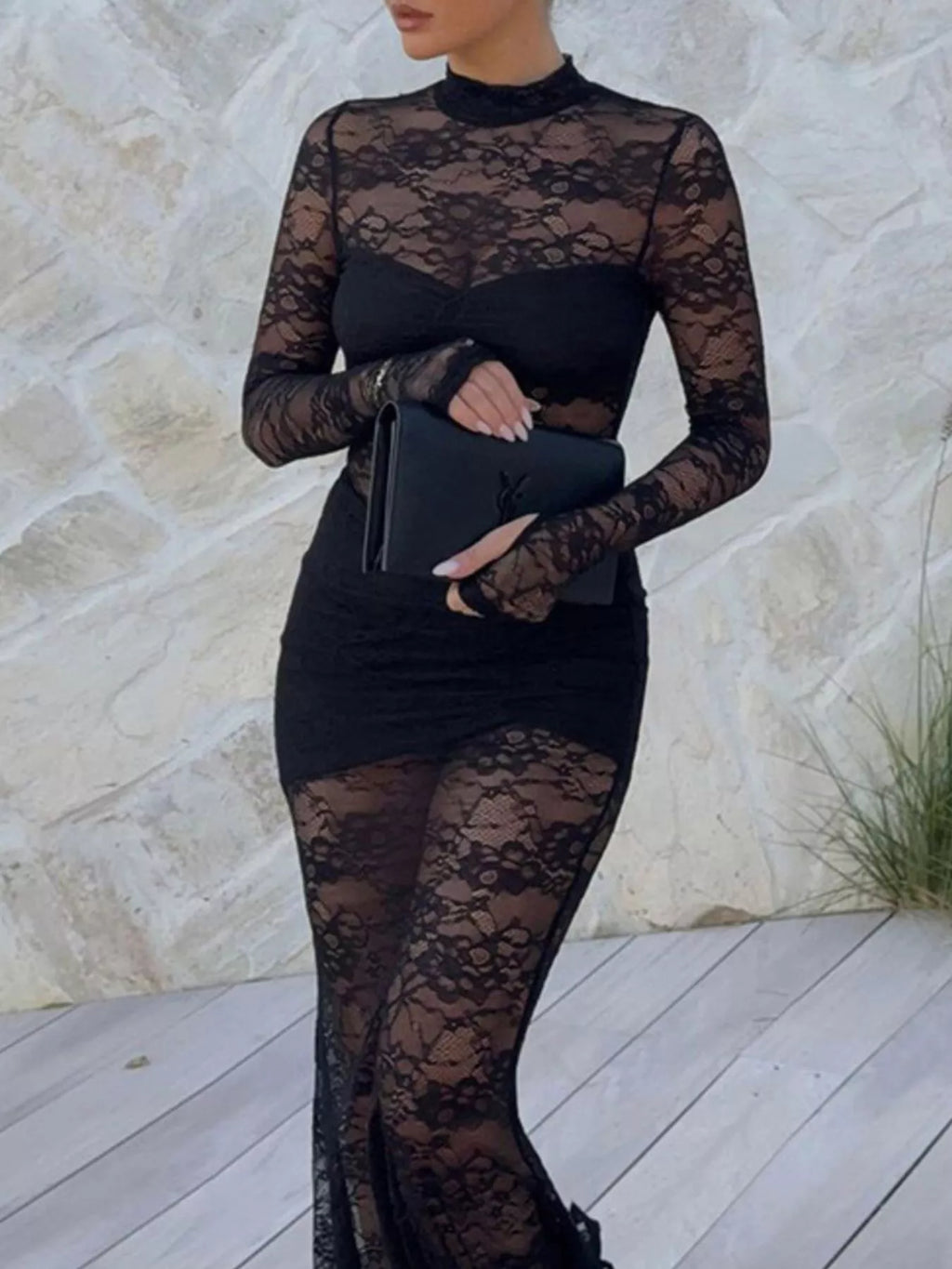 Lace Sheer Mock Neck Long Sleeve Maxi Dress - Lilixa.store