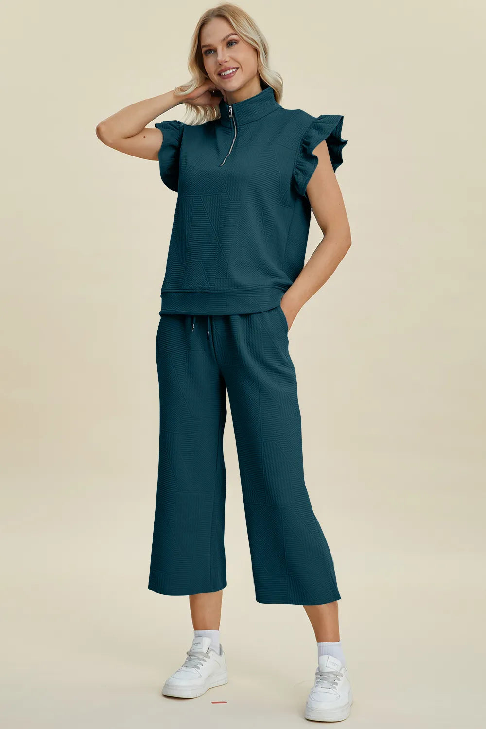 Double Take Full Size Texture Ruffle Short Sleeve Top and Wide Leg Pants Set, view 11