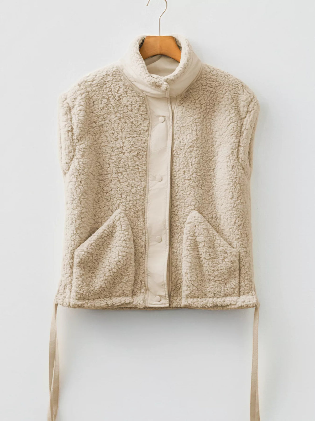 Faux Fur Snap Button Front Knot Side Plush Vest with Pockets in Beige, view 4