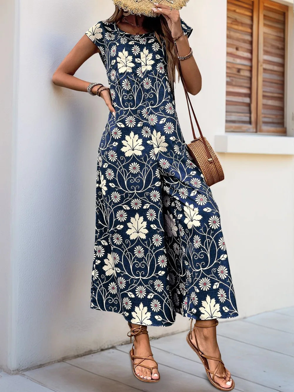 Perfee Printed Round Neck Cap Sleeve Wide Leg Jumpsuit - Lilixa.store