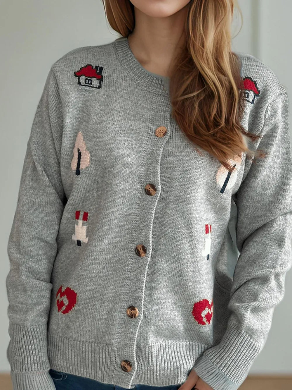 Button Up Round Neck Long Sleeve Cardigan - Lilixa.store