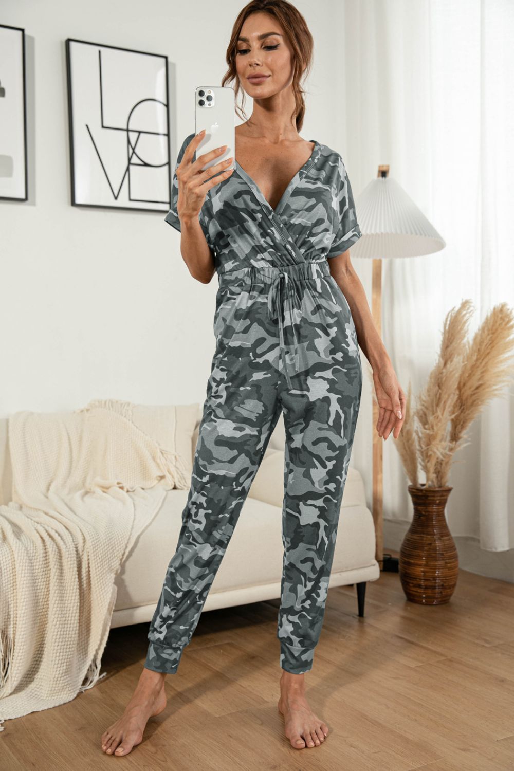 Surplice Neck Tied Short Sleeve Jumpsuit - Lilixa.store