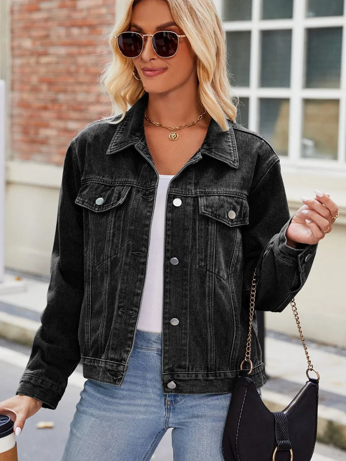 Pocketed Collared Neck Denim Jacket in Black