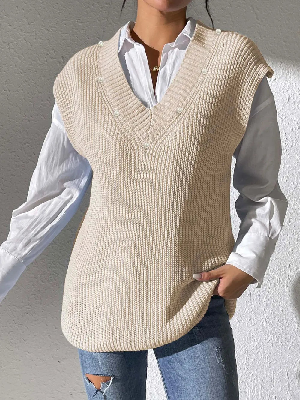Pearl Trim V-Neck Sweater Vest in Beige