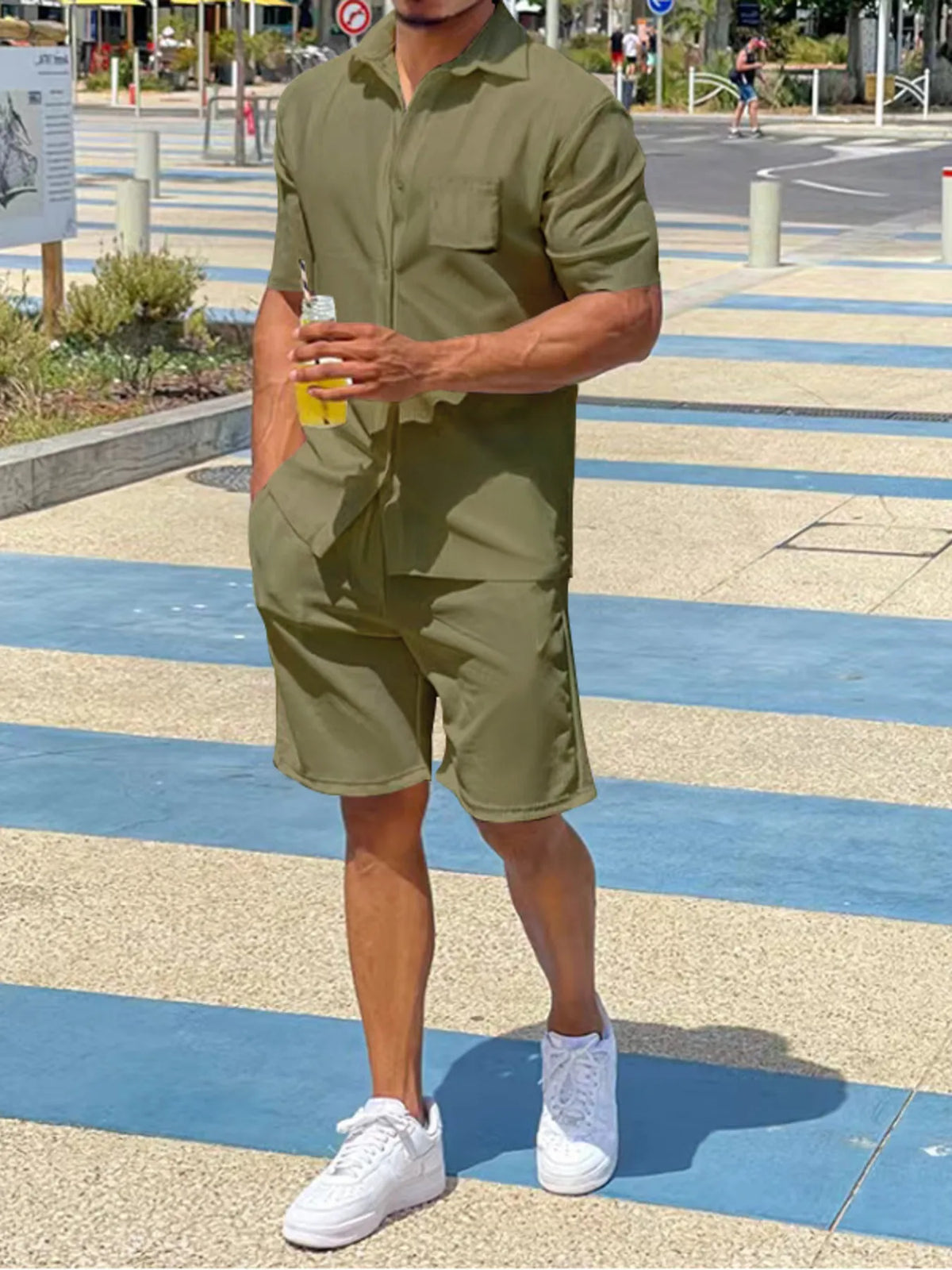 Men's Plus Size Button Up Shirt and Shorts Set in Military Green