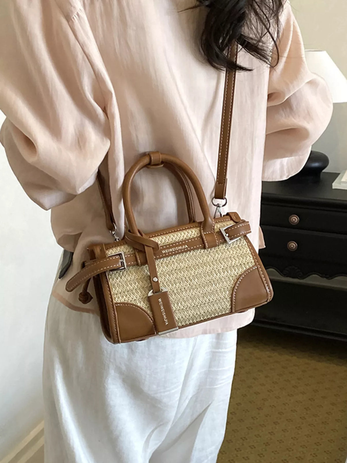 Leather Trim Woven Crossbody Bag