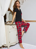 Heart Graphic V-Neck Top and Plaid Pants Lounge Set - Lilixa.store