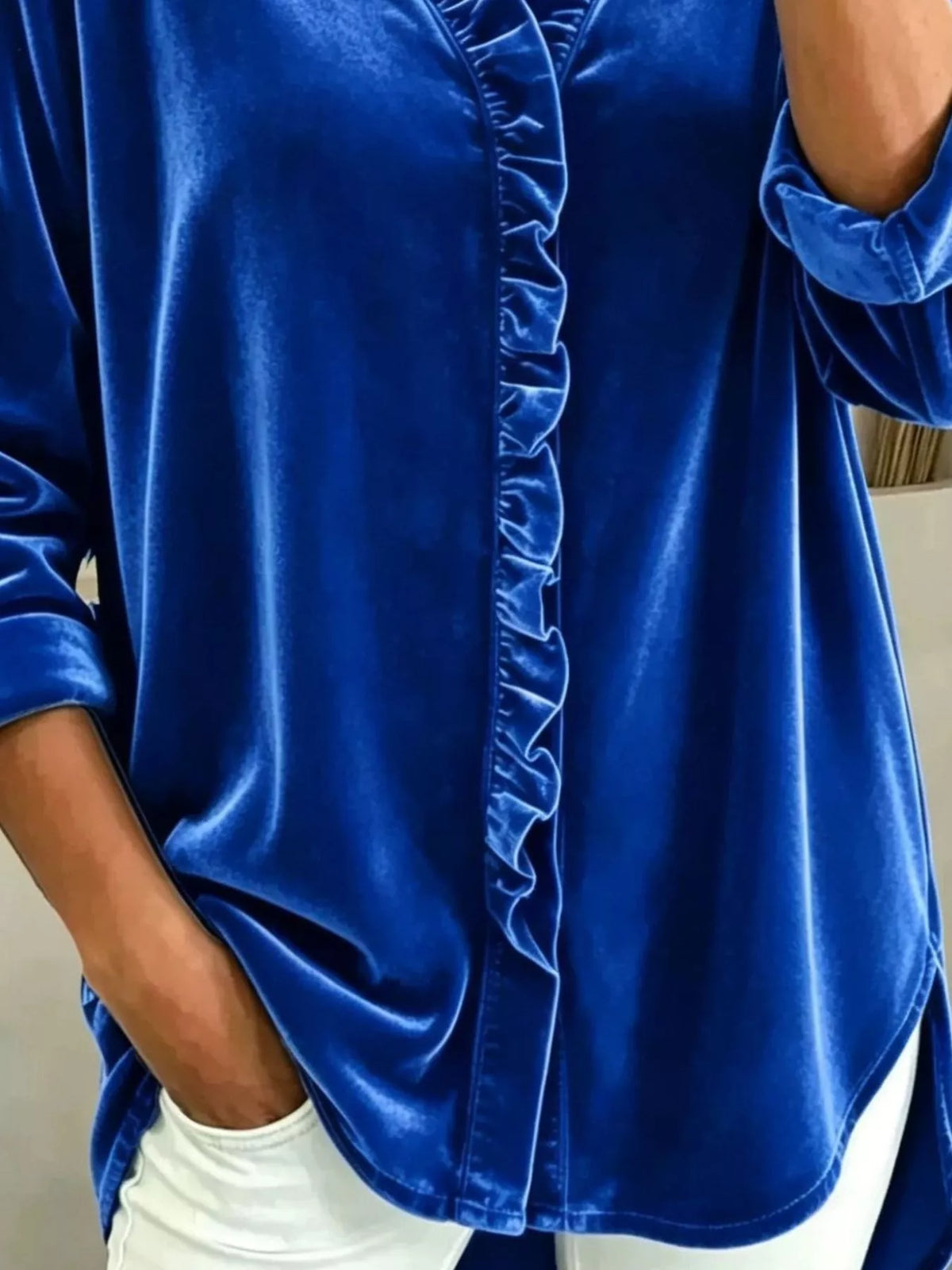 Velvet Frill V-Neck Blouse - Lilixa.store