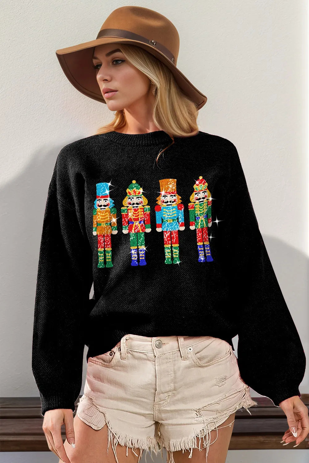 Double Take Full Size Sequin Nutcracker Long Sleeve Sweater in Black