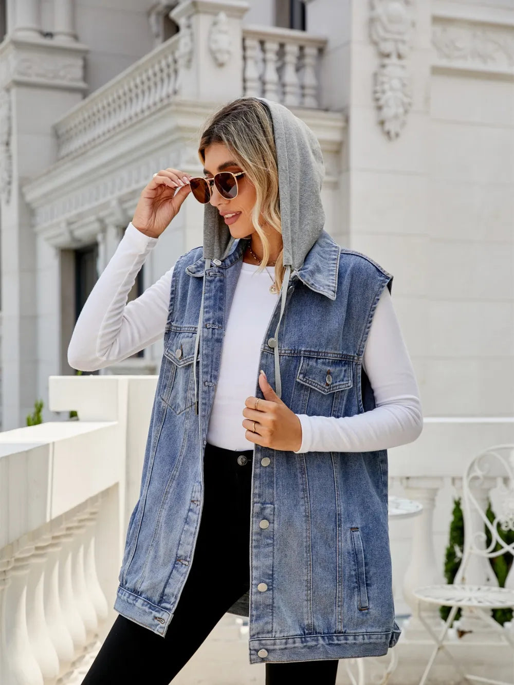 Drawstring Pocketed Button Up Sleeveless Denim Jacket, view 5