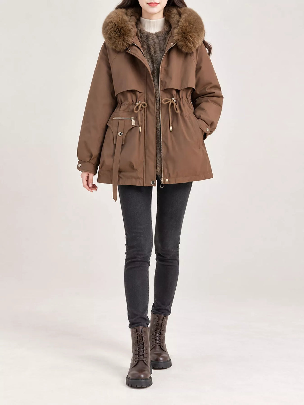 Plus Size Faux Fur Hooded Drawstring Waist Winter Parka Outerwear in Coffee and White