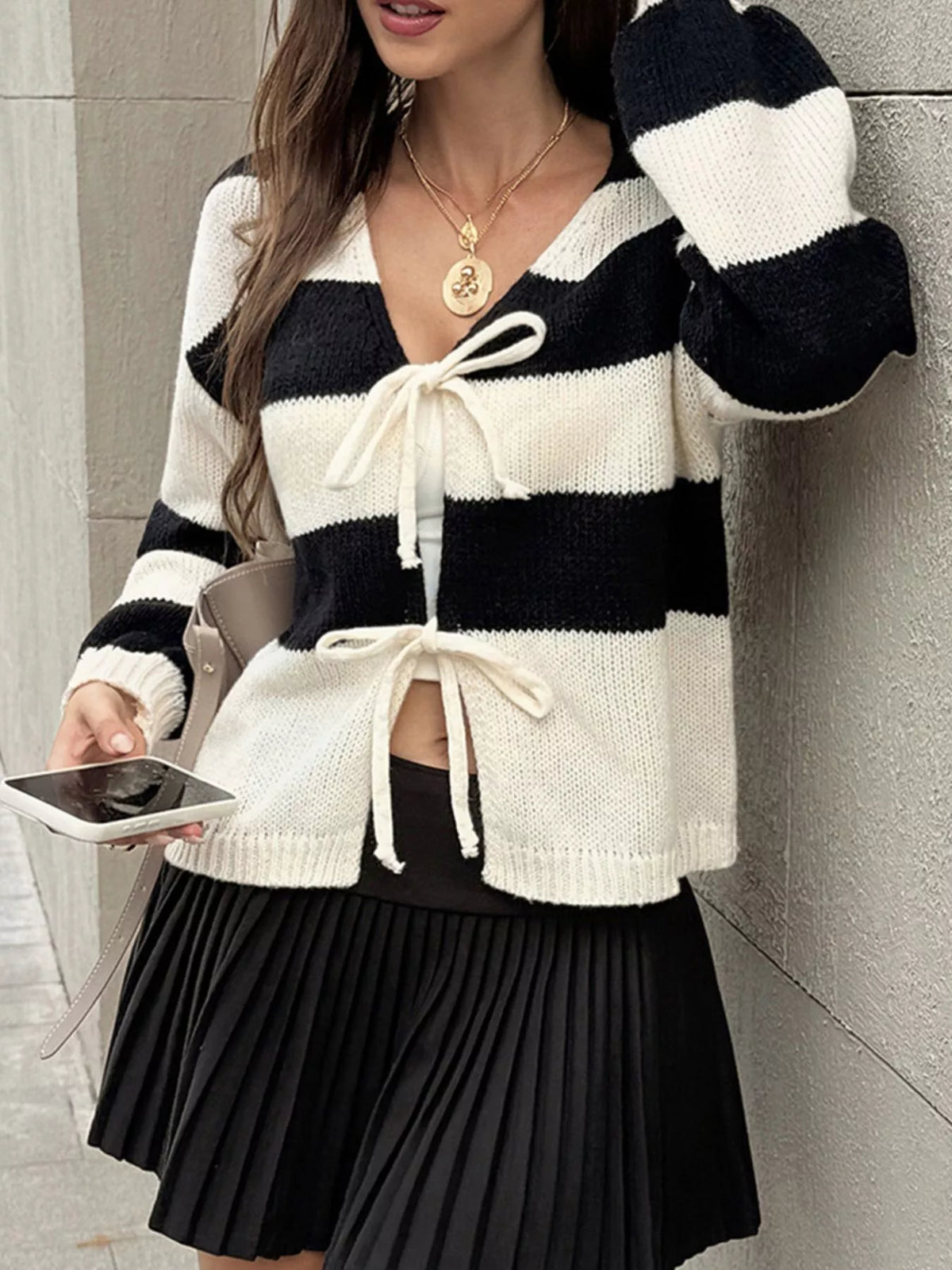 Striped Tie-Front Knit Cardigan - Lilixa.store