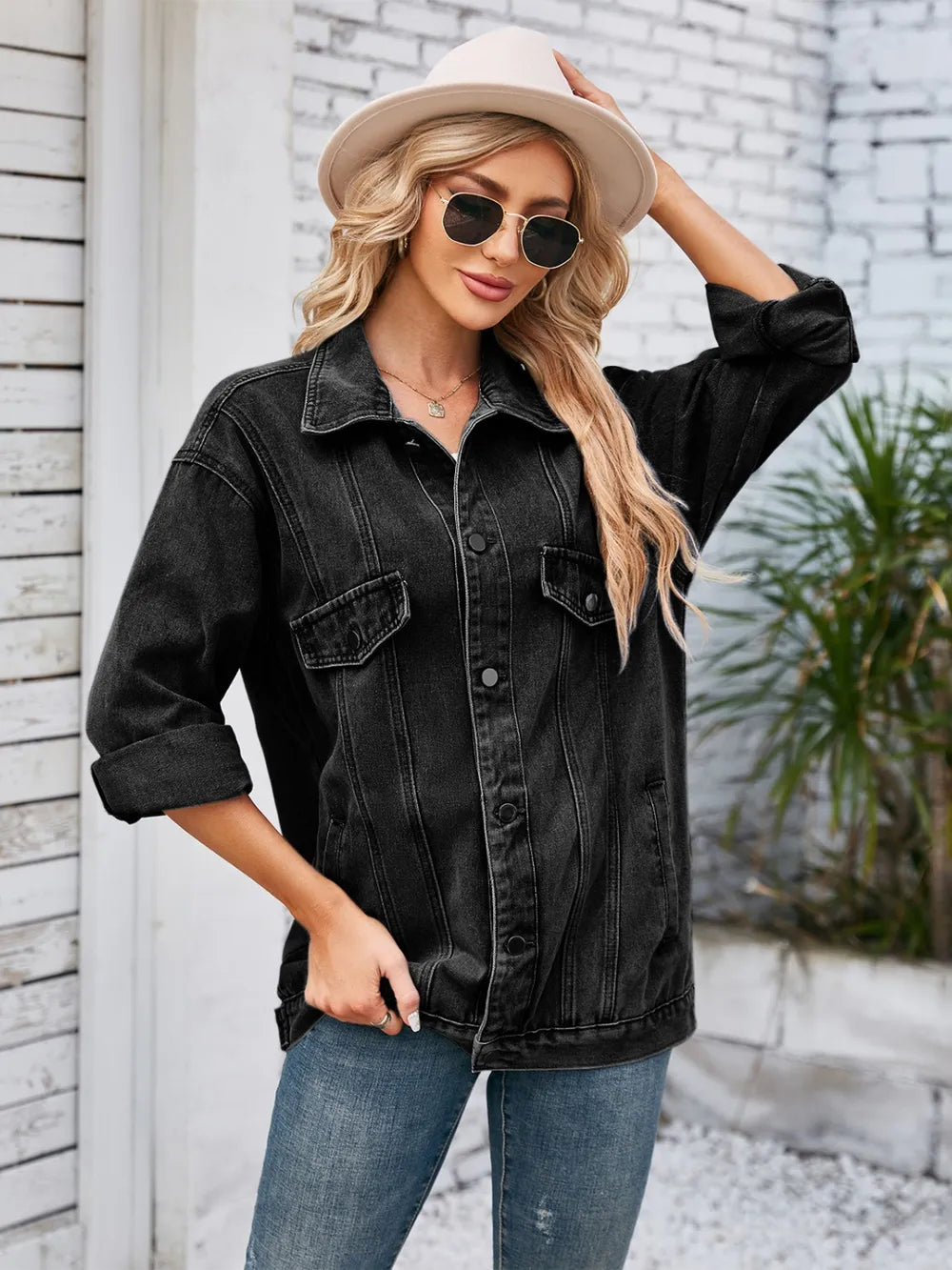 Button Up Long Sleeve Denim Jacket, view 8