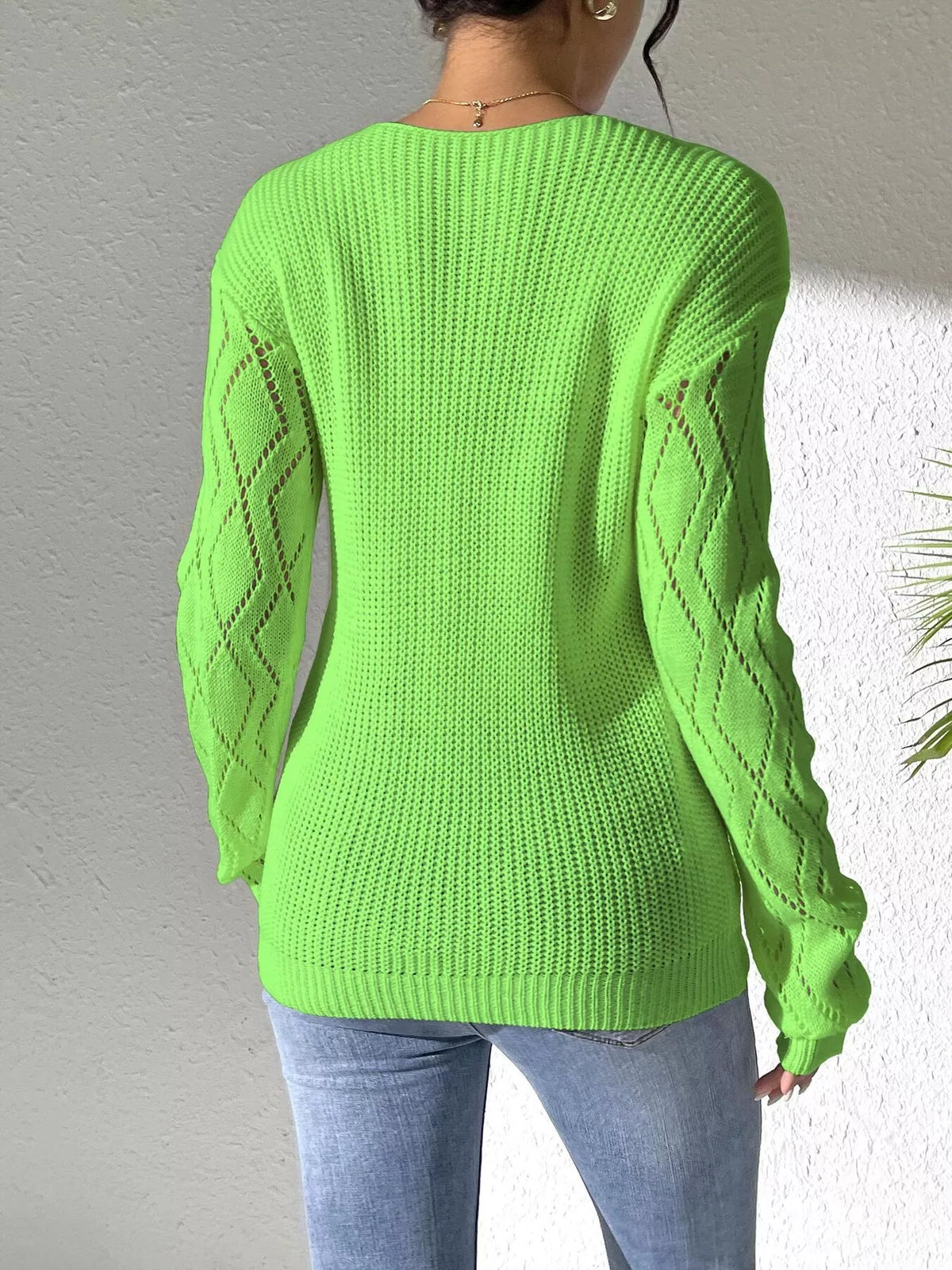 Floral Applique V-Neck Openwork Sweater