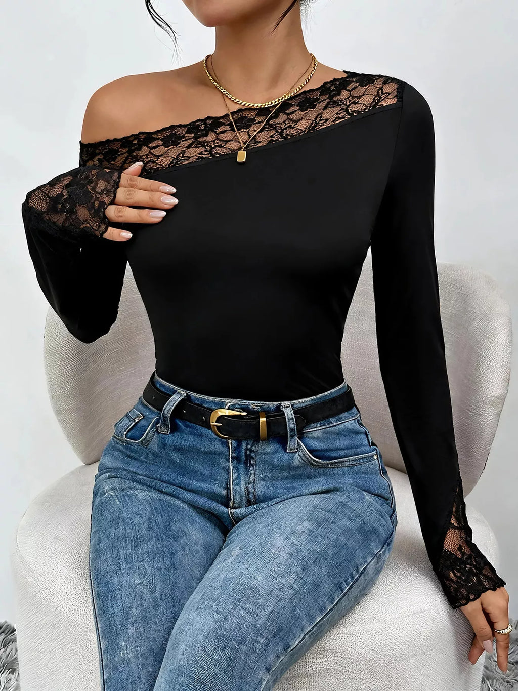Lace Trim One Shoulder Bodysuit - Lilixa.store