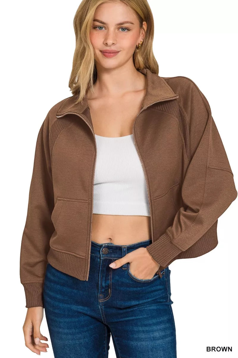Zenana Scuba Full Zip Cropped Jacket with Pockets in Brown, view 2