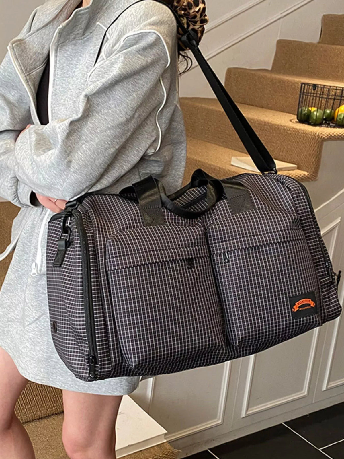 Plaid Duffel Bag with Multiple Pockets - Lilixa.store