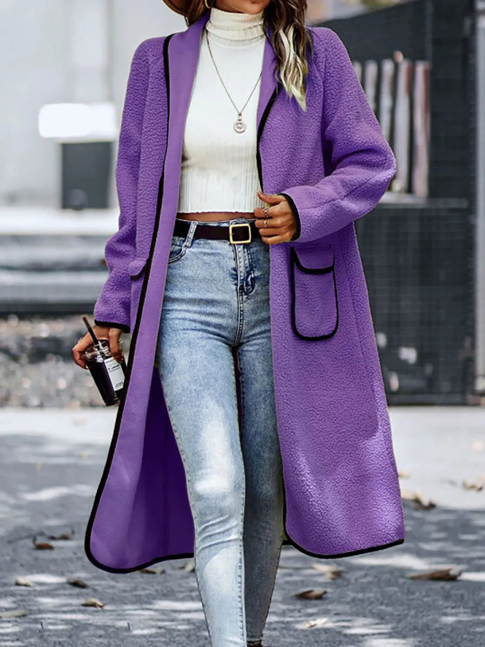 Full Size Contrast Trim Long Sleeve Coat with Pockets in Purple