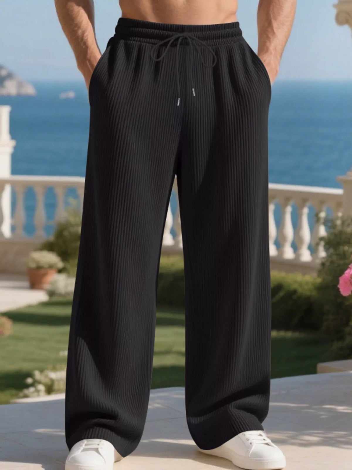 Men's Full Size Relaxed Fit Drawstring Pants Plus Size in Black