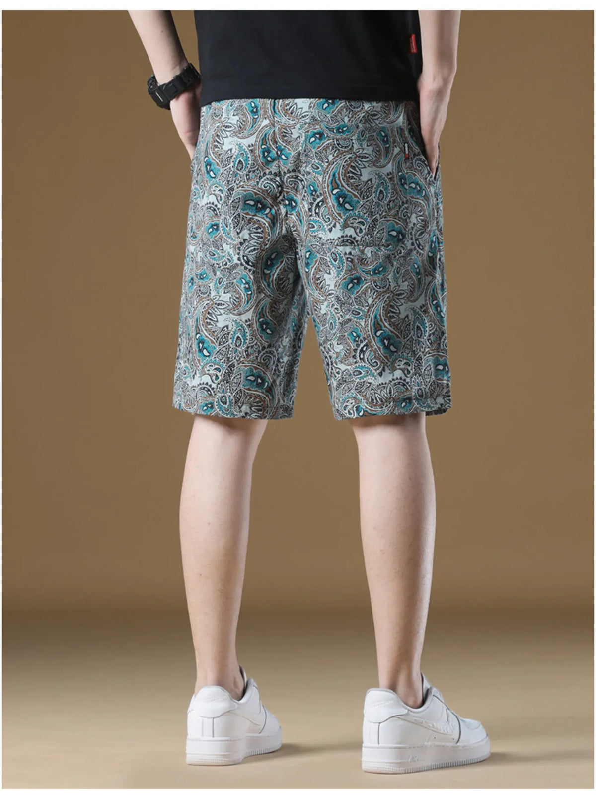 Men's Plus Size Paisley Print Drawstring Beach Shorts in French Blue, view 5