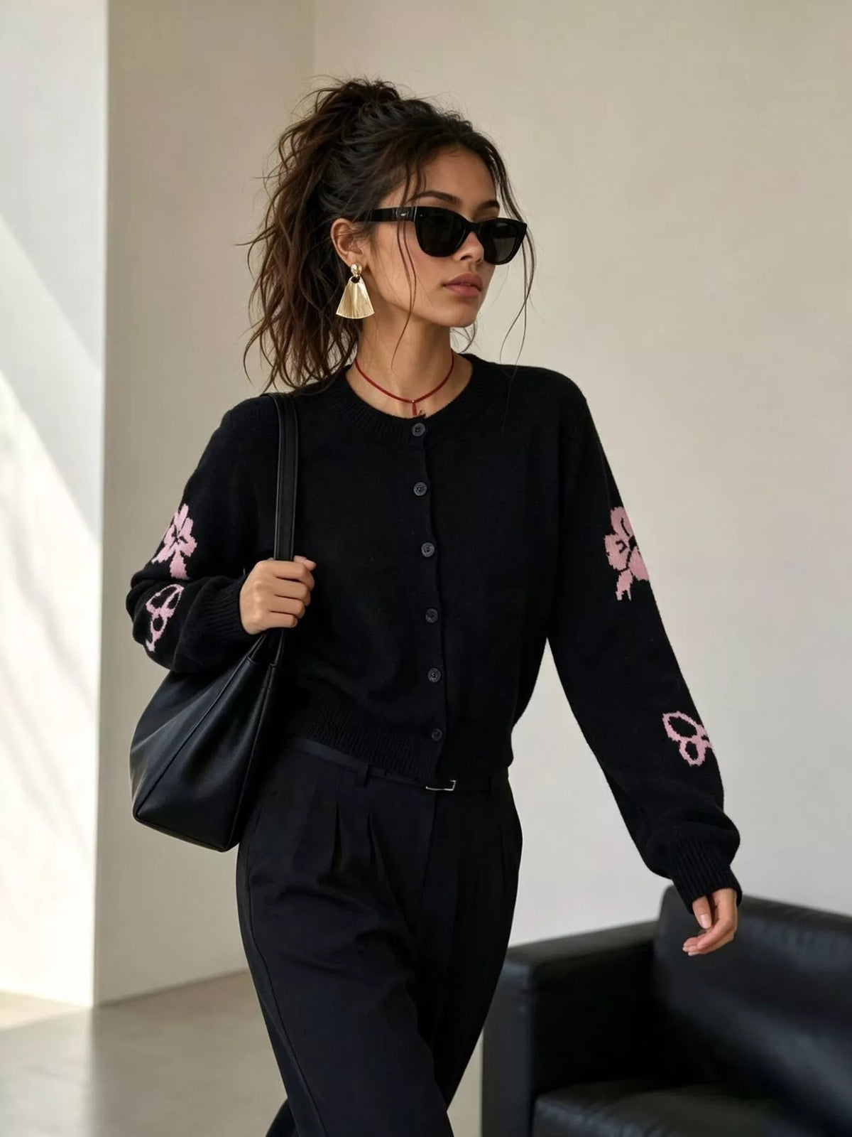 Floral Crew Neck Cropped Knit Cardigan, view 5