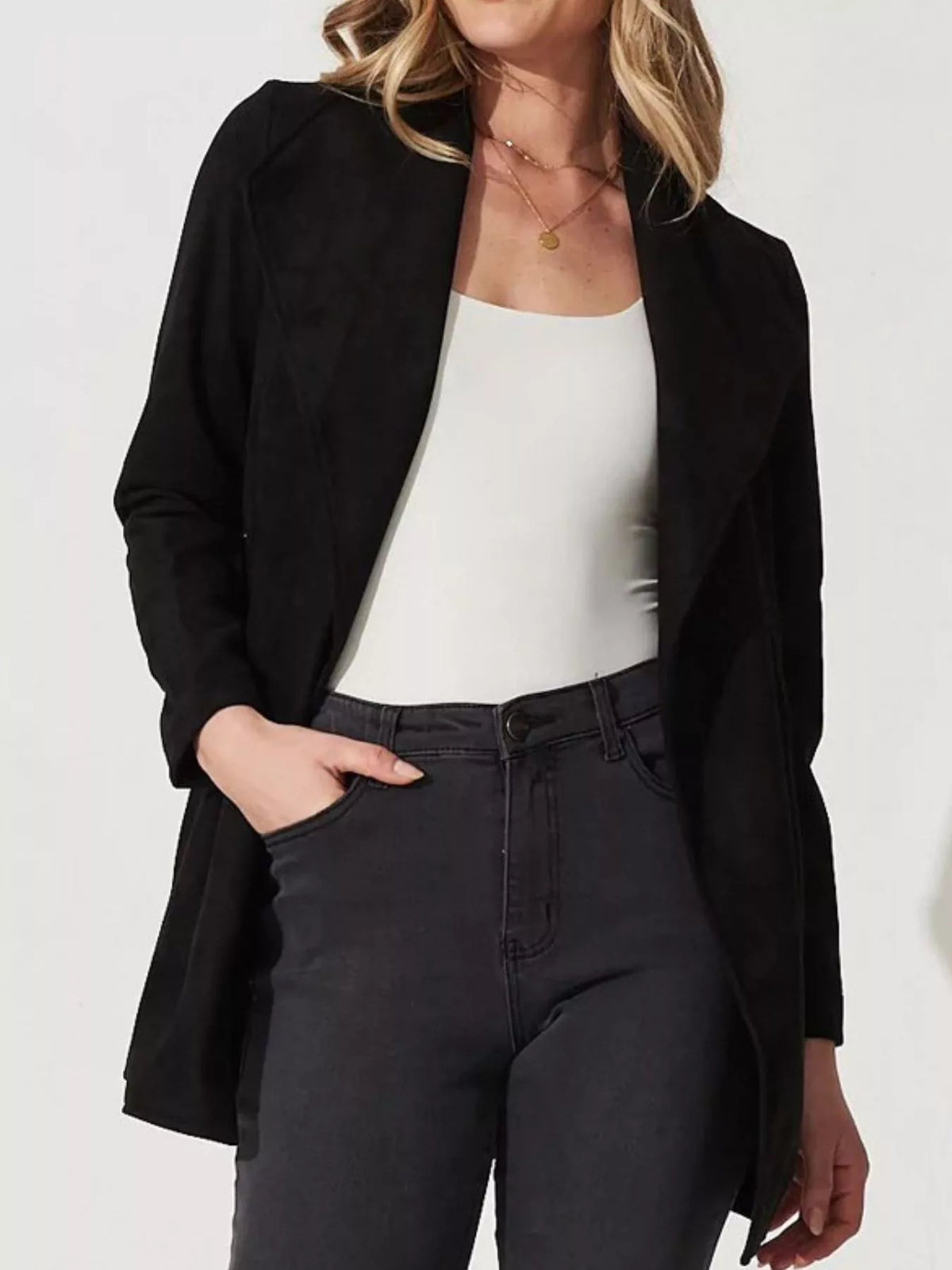 Suede Tie Waist Long Sleeve Outerwear, view 3