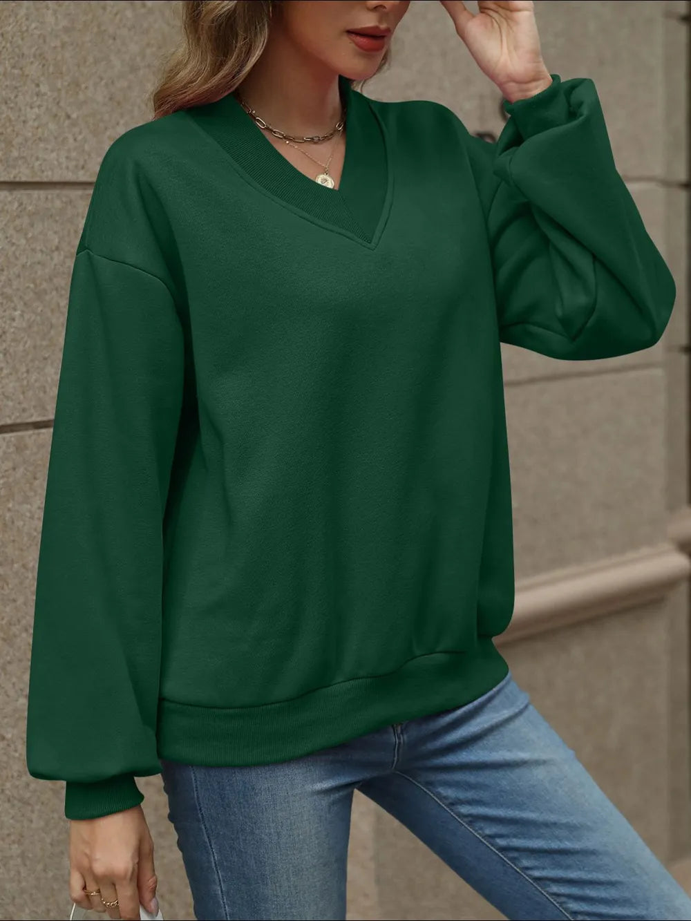 V-Neck Long Sleeve Dropped Shoulder Sweatshirt, view 28
