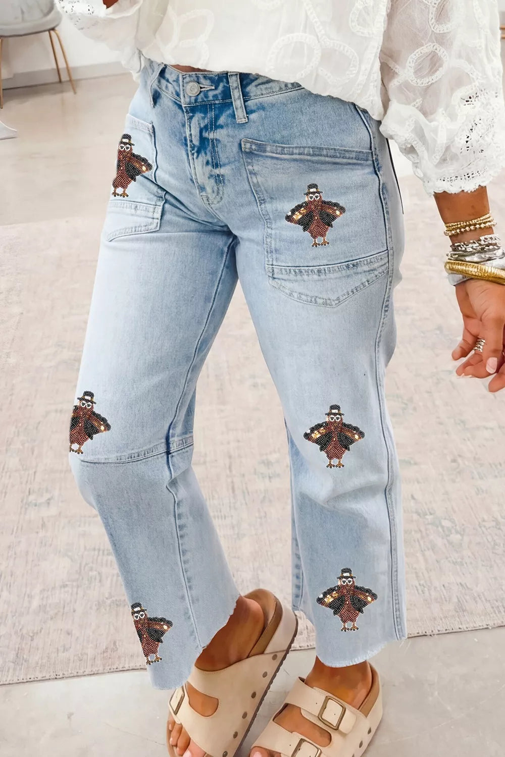 Sequin Turkey Patch Pocket Raw Hem Ankle Length Jeans in Light Blue, view 2