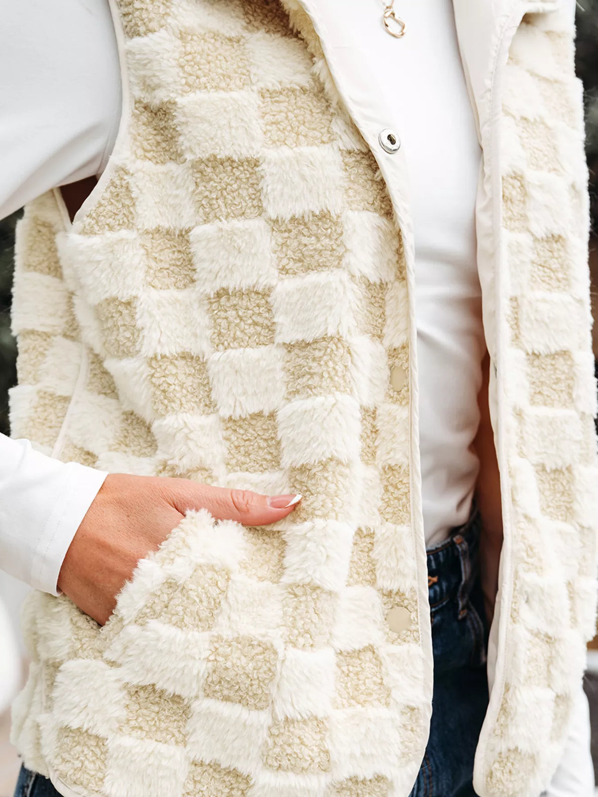 Sherpa Checkerboard Snap Button Vest Coat with Pocket - Lilixa.store