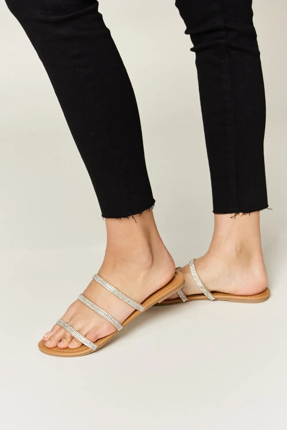 WILD DIVA Rhinestone Three-Strap Flat Sandals - Lilixa.store