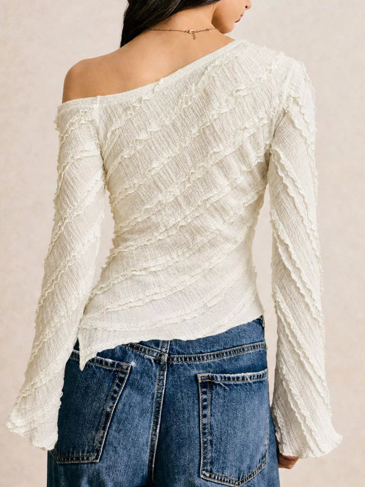 Textured Asymmetrical Hem One Shoulder Blouse in White, view 3