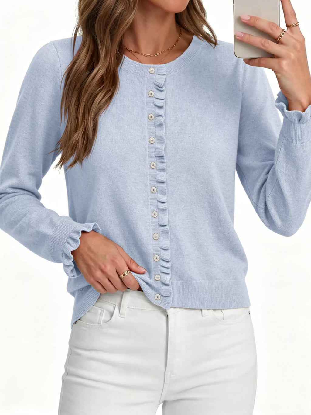 Ruffle-Trimmed Button-Down Knit Cardigan - Lilixa.store