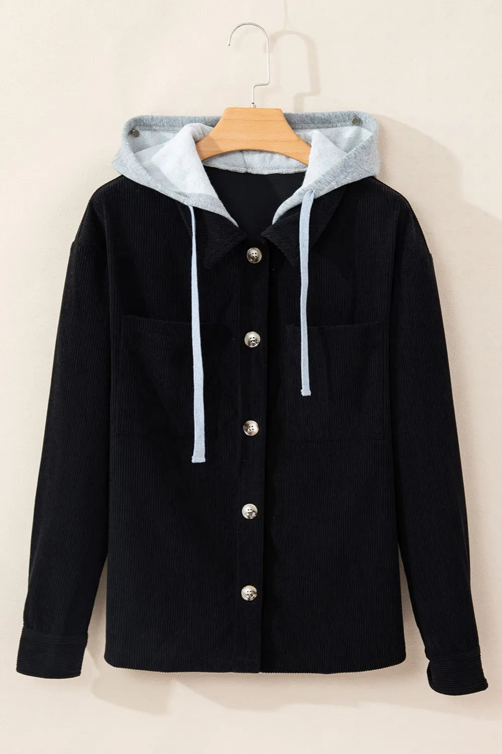Drawstring Button Up Long Sleeve Hooded Jacket, view 9