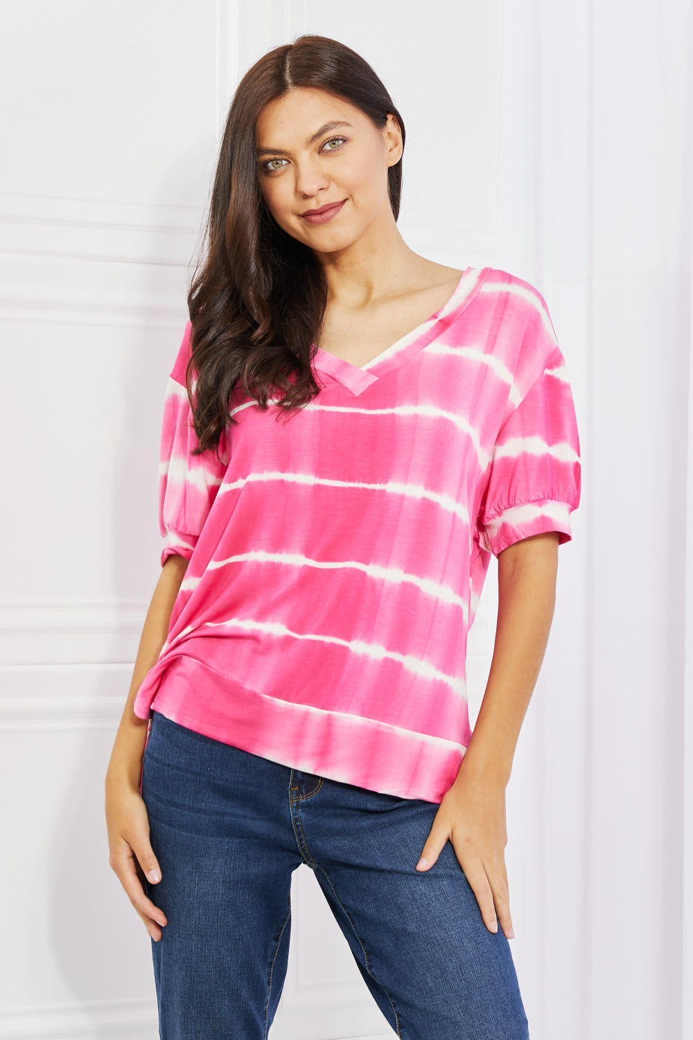 Yelete Full Size Oversized Fit V-Neck Striped Top - Lilixa.store
