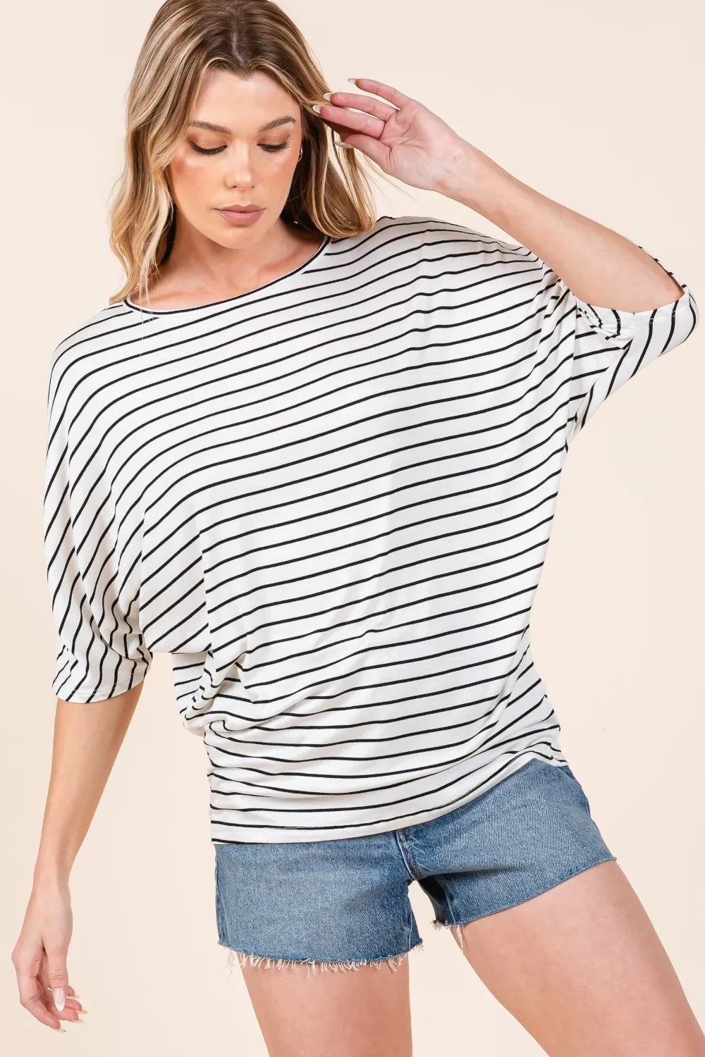 BOMBOM Striped Boat Neck Dolman Sleeve Top - Lilixa.store