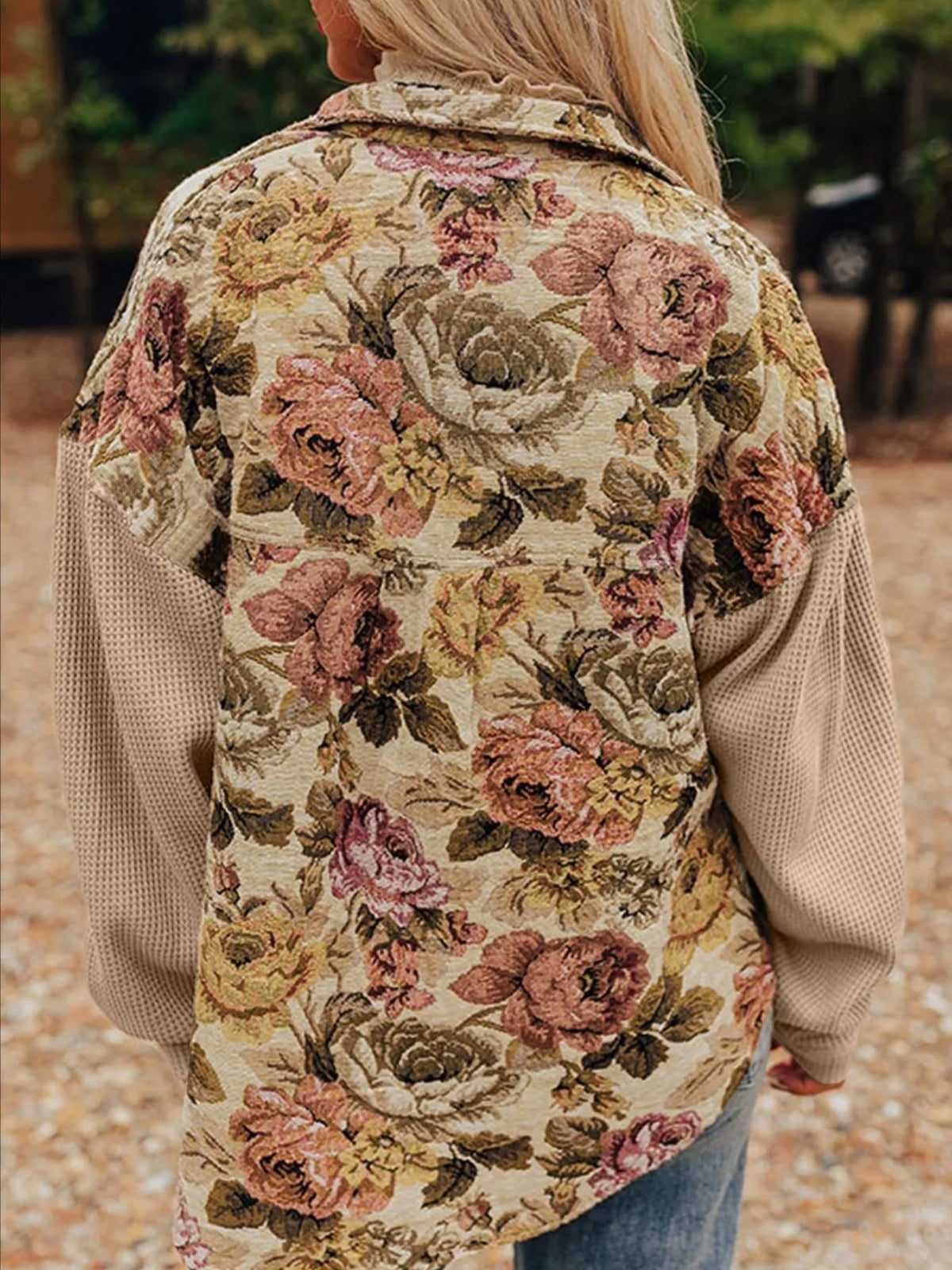 Floral Waffle Knit Patchwork Chest Pockets Buttoned Jacket in Tan, view 2