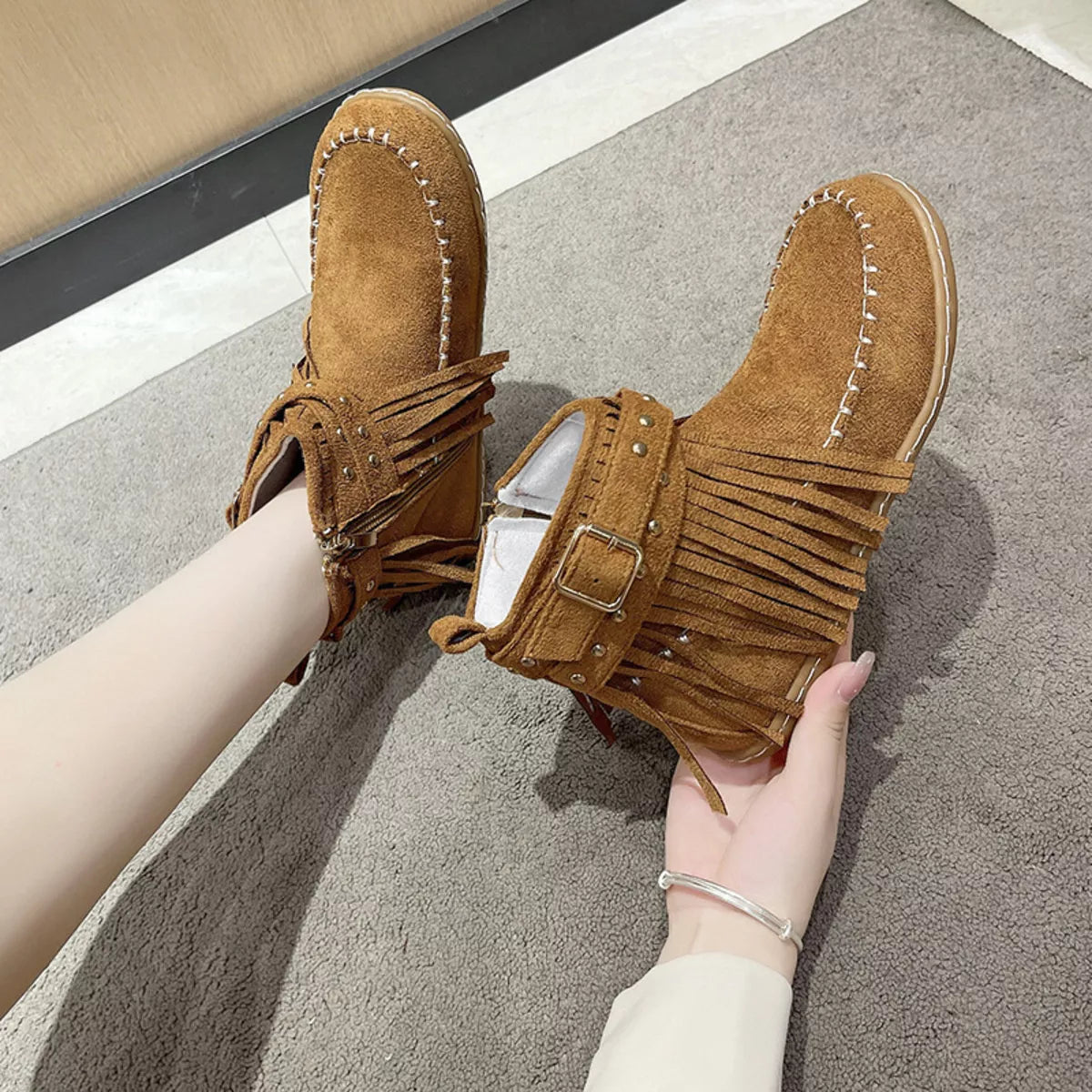 Fringe Round Toe Flats Boots - Lilixa.store