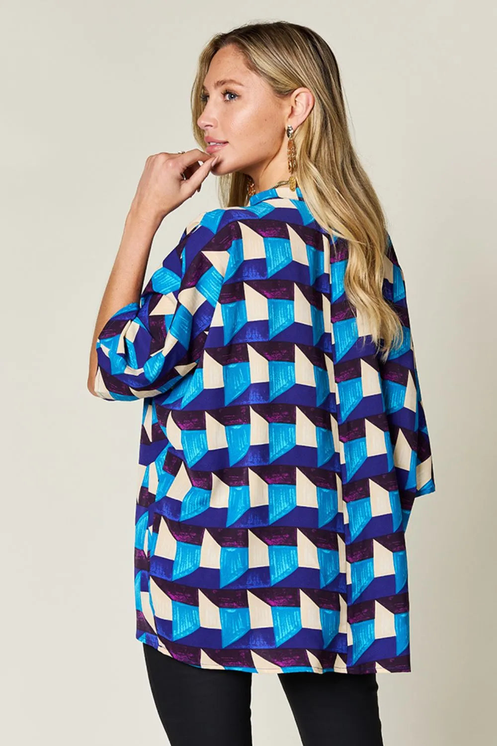 Double Take Full Size Geometric Notched Half Sleeve Blouse - Lilixa.store