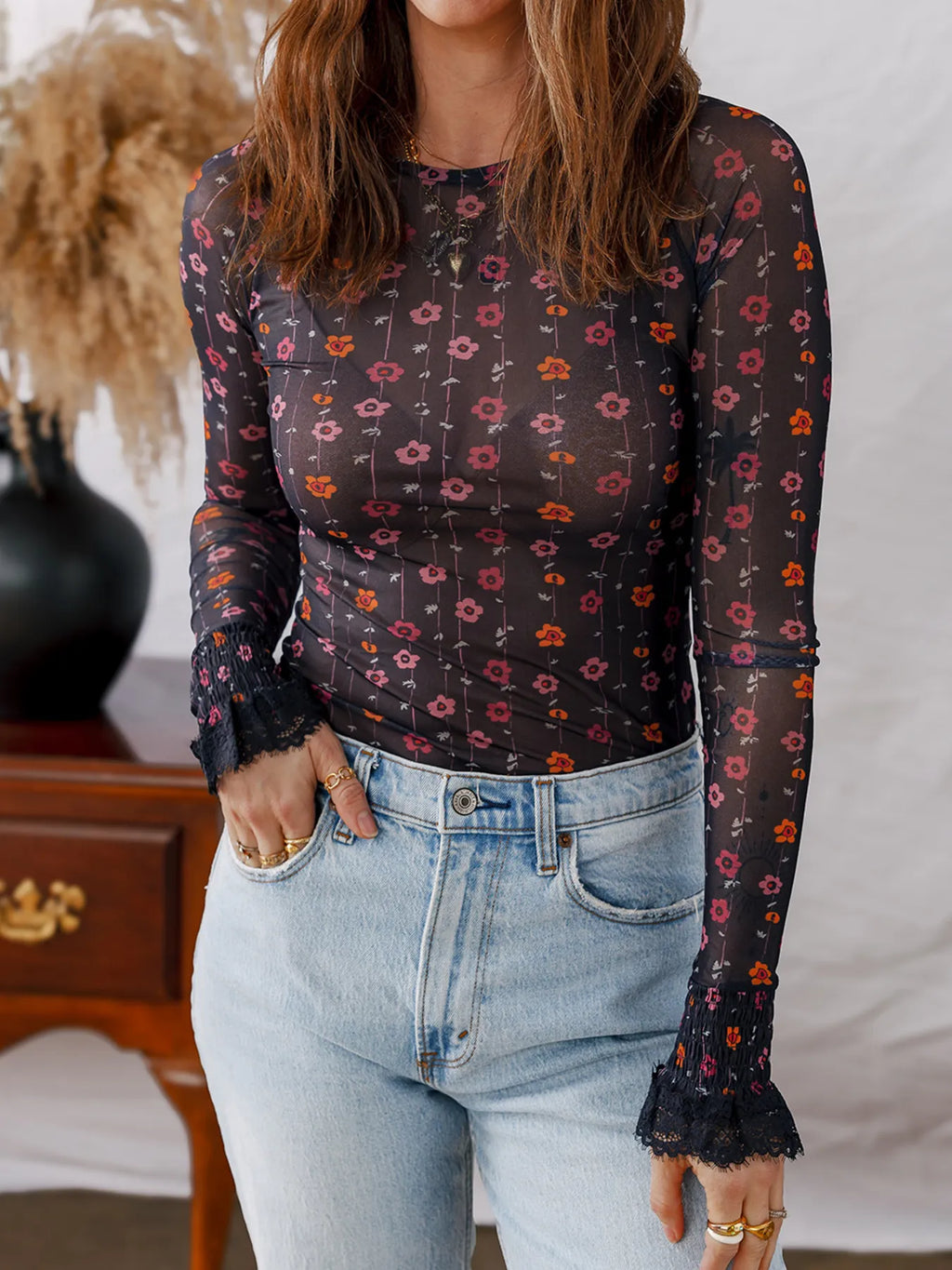 Floral Print Smocked Cuff Slim Fit Mesh Bodysuit - Lilixa.store