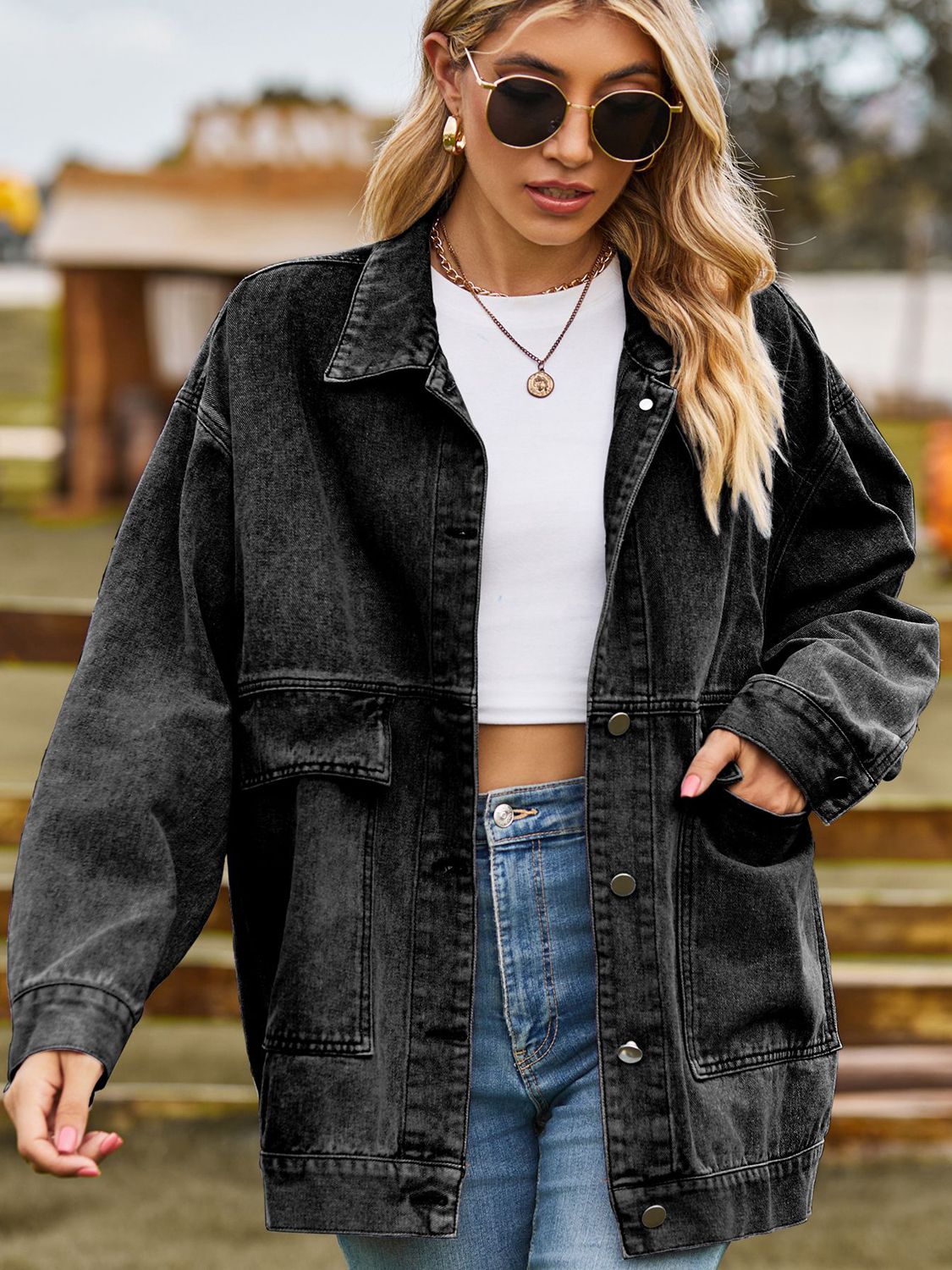 Dropped Shoulder Denim Jacket with Pockets in Dark Gray, view 11