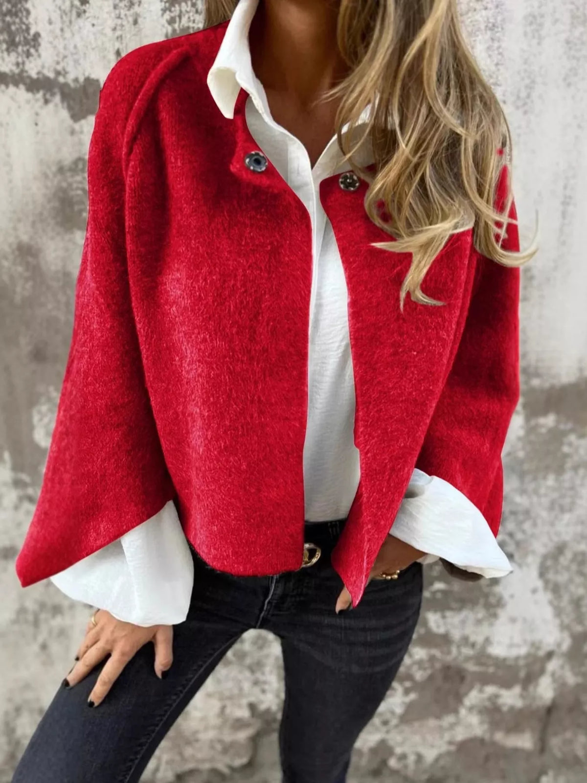 Full Size Solid Color Long Sleeve Outerwear Plus Size in Red