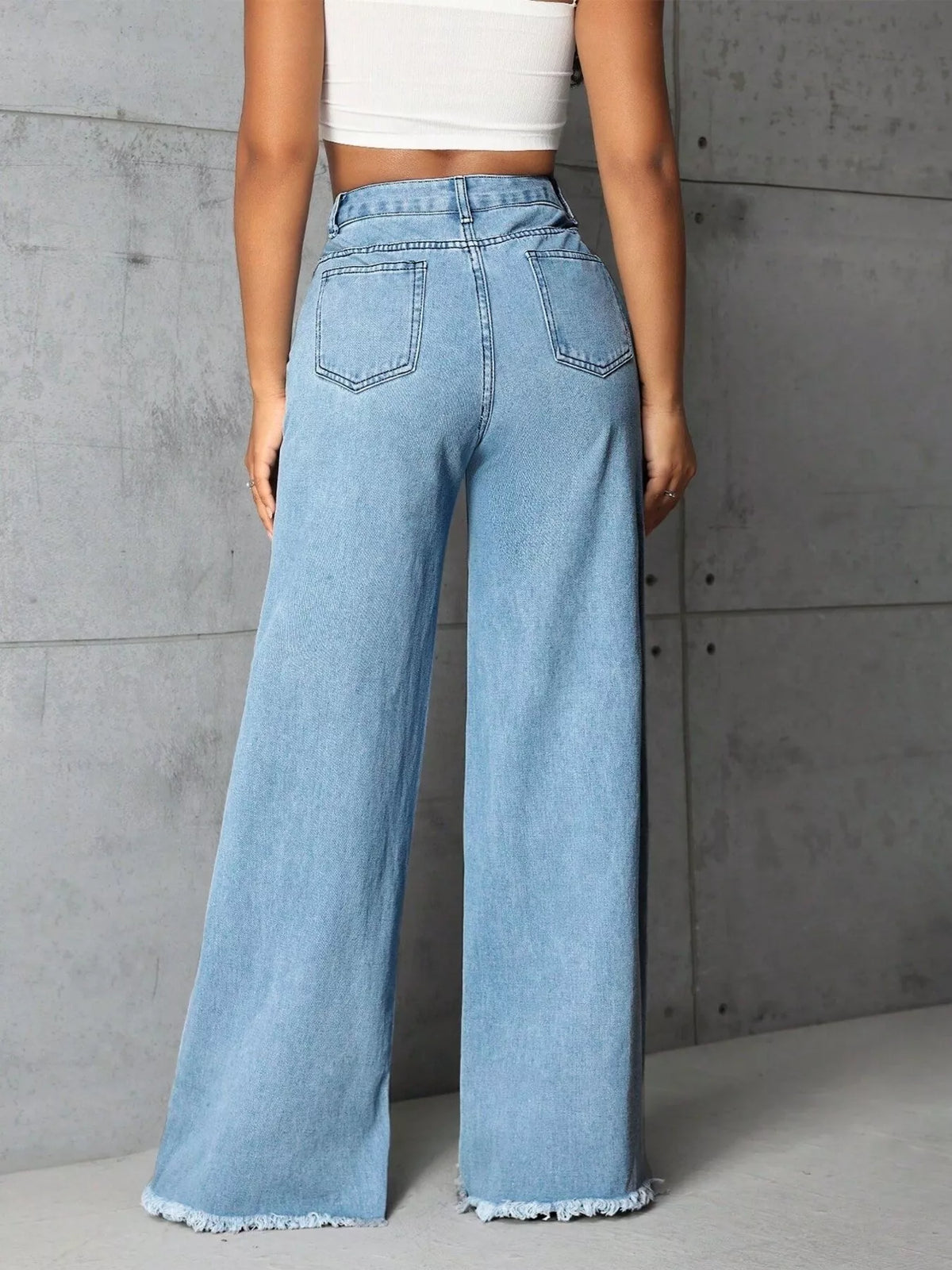 Full Size High-Waisted Wide Leg Raw Hem Jeans Plus Size in Light Blue, view 4
