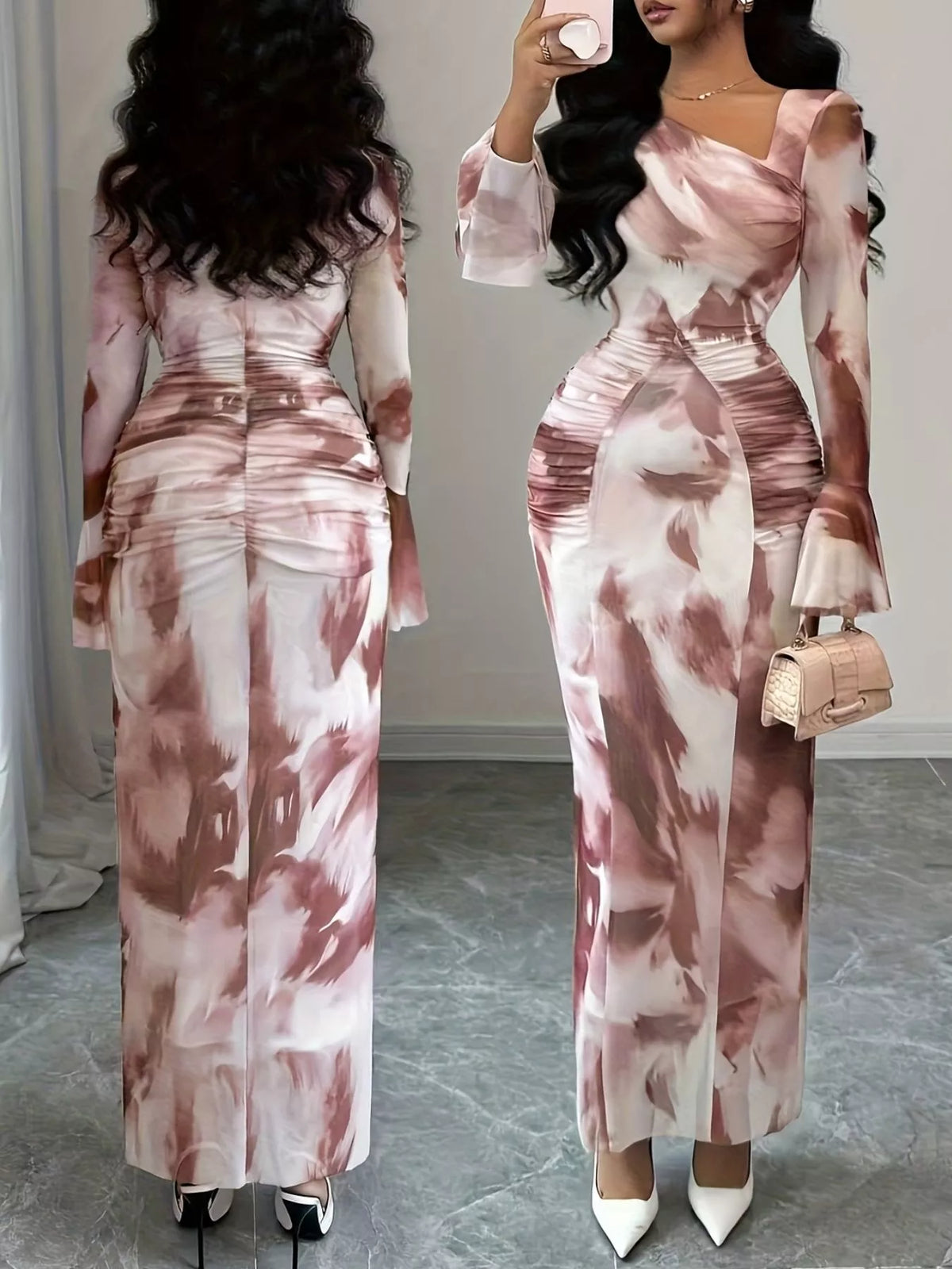 Printed Asymmetrical Neck Long Sleeve Maxi Dress - Lilixa.store