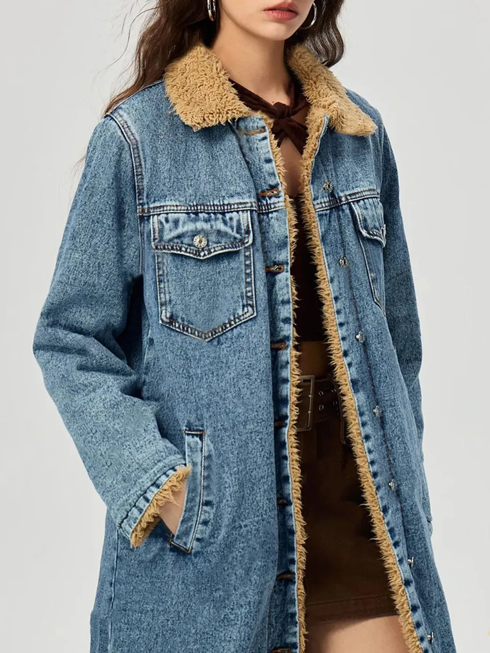 Pocketed Button Up Denim Jacket with Fur Lining, view 2