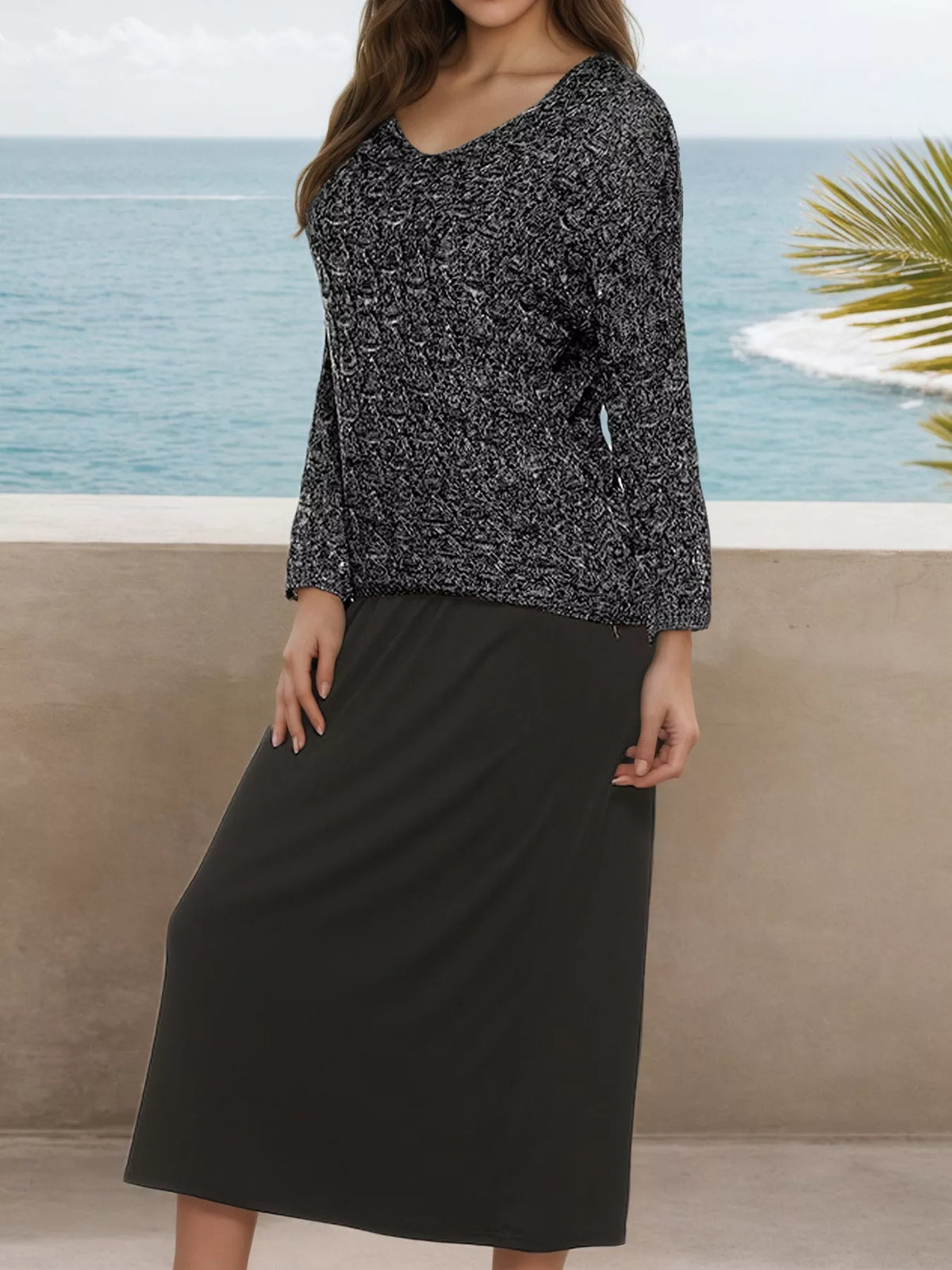 V-Neck Textured Knit Top - Lilixa.store