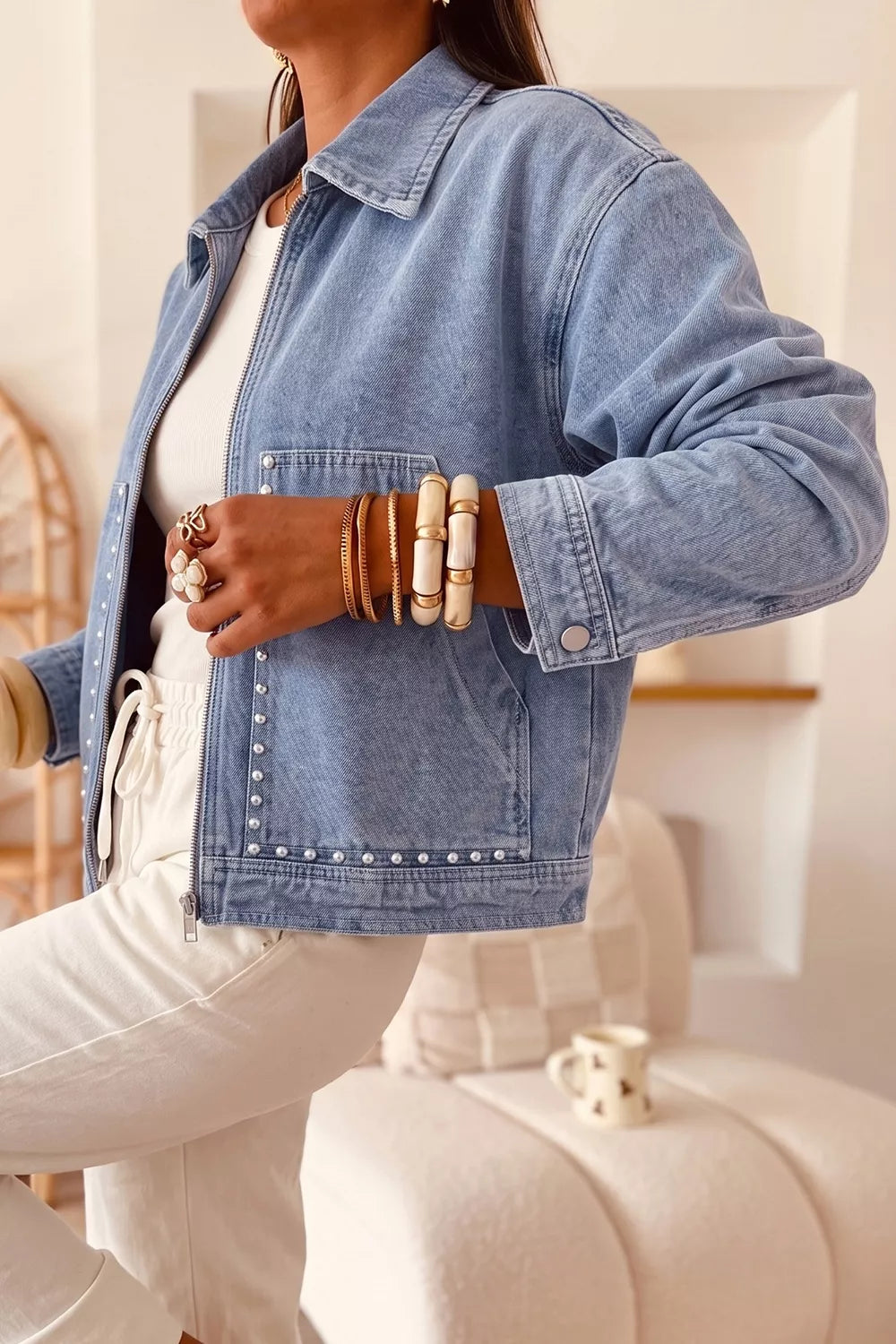 Studded Metal Zipper Rivet Pockets Long Sleeve Denim Jacket in Light Blue, view 5