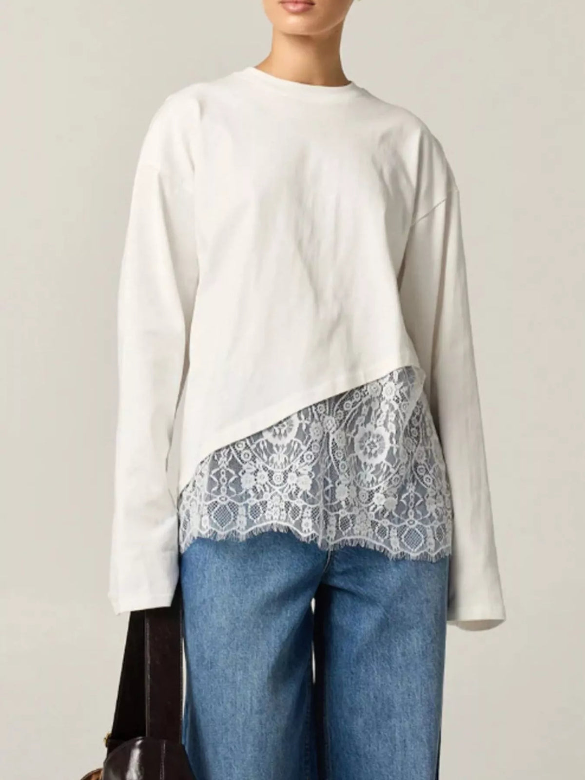 Long-Sleeve T-Shirt with Asymmetric Lace Hem - Lilixa.store