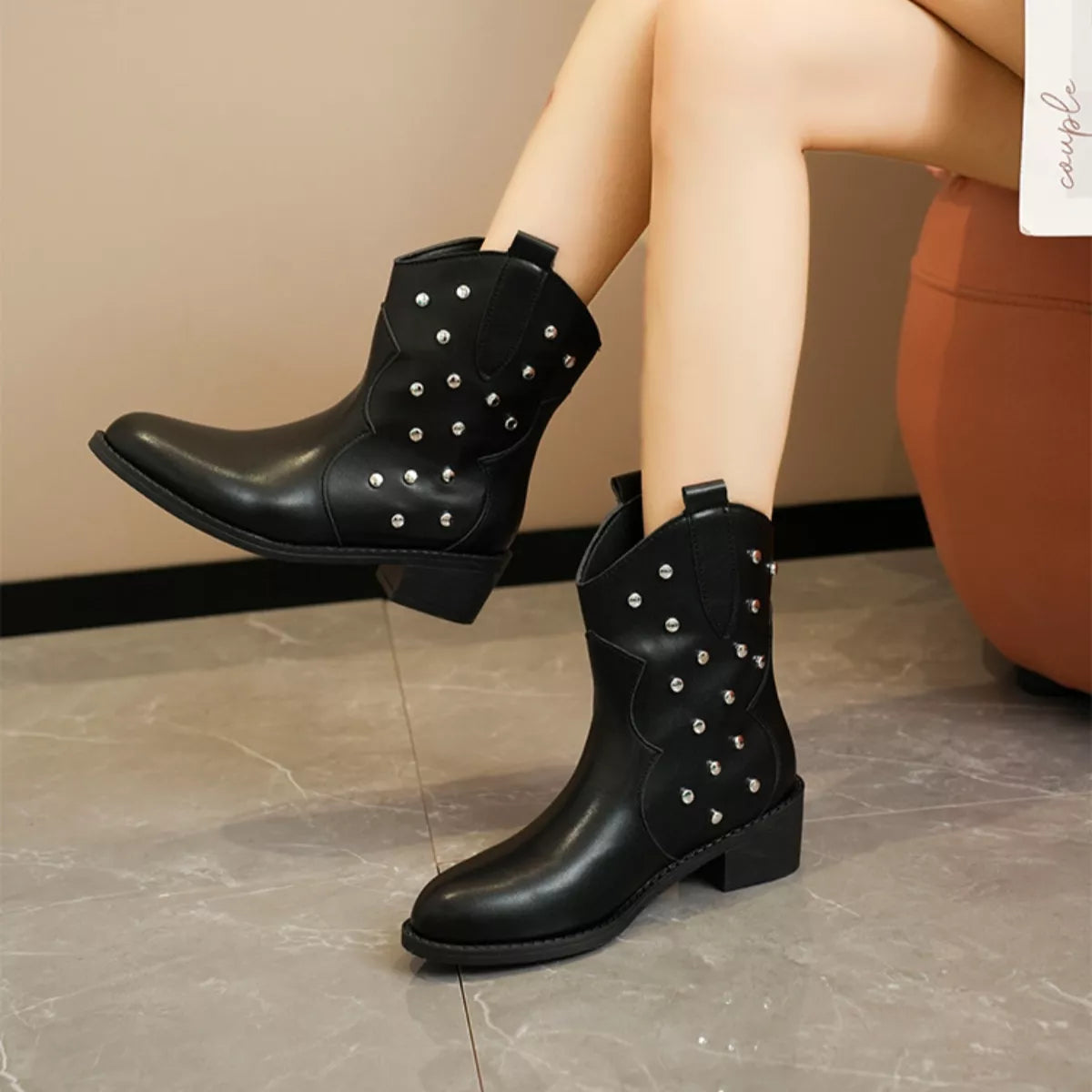 Studded Western Ankle Boots - Lilixa.store