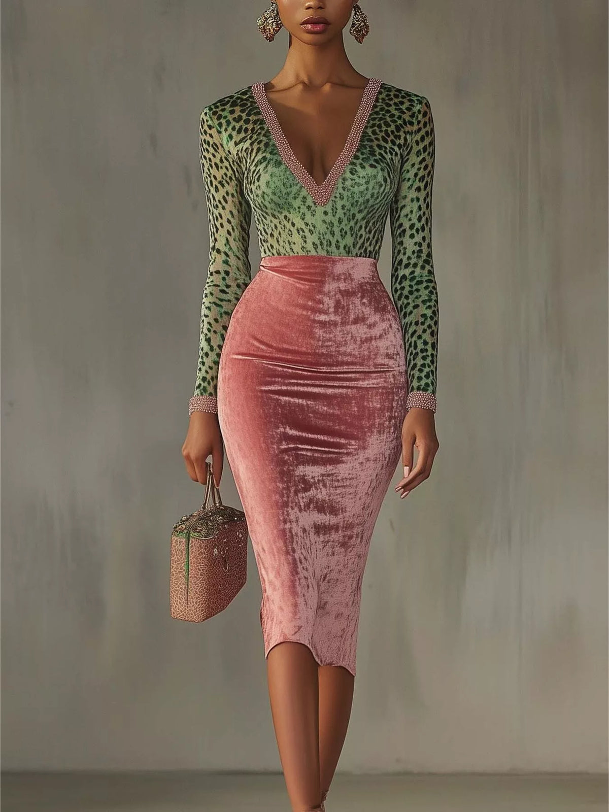 Velvet Leopard Long-Sleeve Midi Dress - Lilixa.store